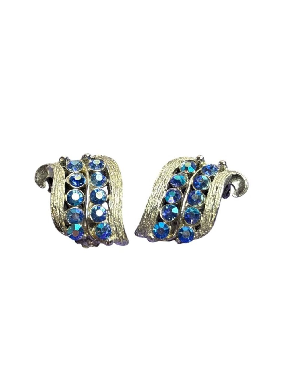 Vtg 50s 60s Clip On Earrings Blue AB Aurora Borealis Rhinestones Silvertone